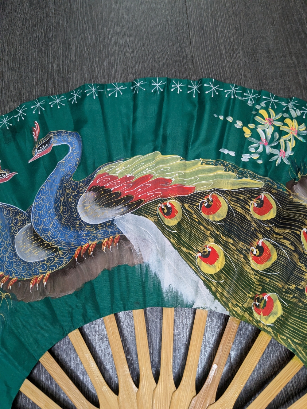 Vintage Decorative Peacock Wall Fan Handpainted Asian Floral Large 30" - Picture 8 of 16